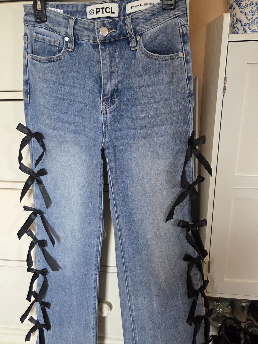 TCL Light Blue Jeans with Black Ribbon Side Ties